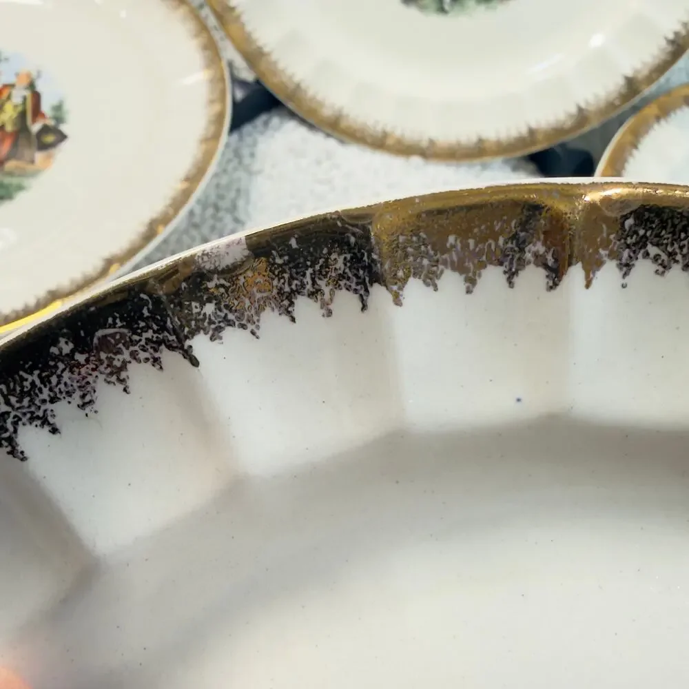 Vintage Cronin China Minerva Oh 9” Luncheon Plate Colonial Gold Rim USA Set of 7